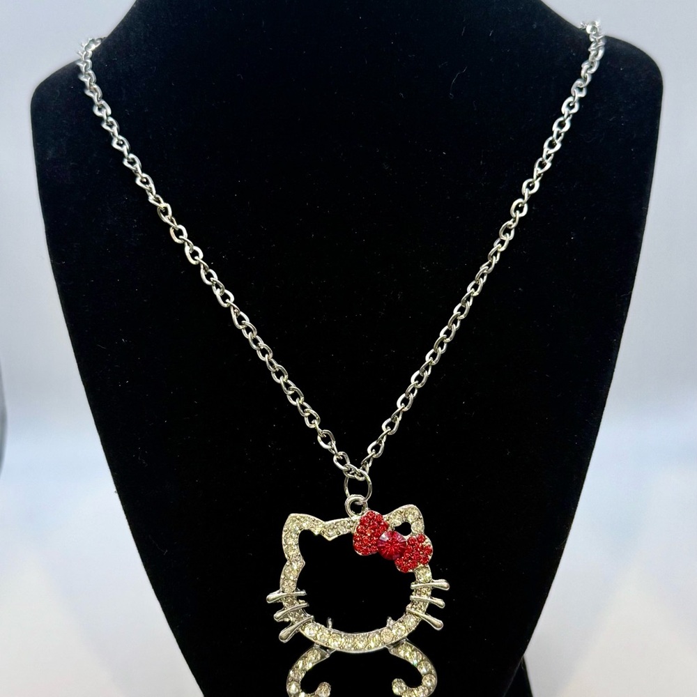 Rhinestone Hello Kitty Pendant Necklace with Red Bow and Silver Chain